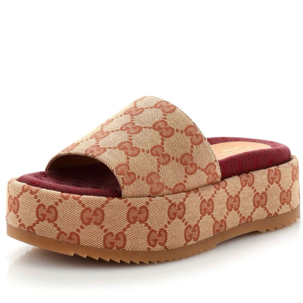 Gucci Women's Beige and Red Platform Slide Sandals